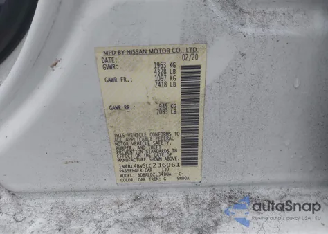 2020 Nissan Altima S Fwd z USA, uszkodzony, nr VIN 1N4BL4BV5LC236961